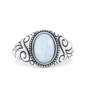 Filigree Vintage Style Lab Opal Ring Solid Oval Oxidized Lab Created White Opal 925 Sterling Silver